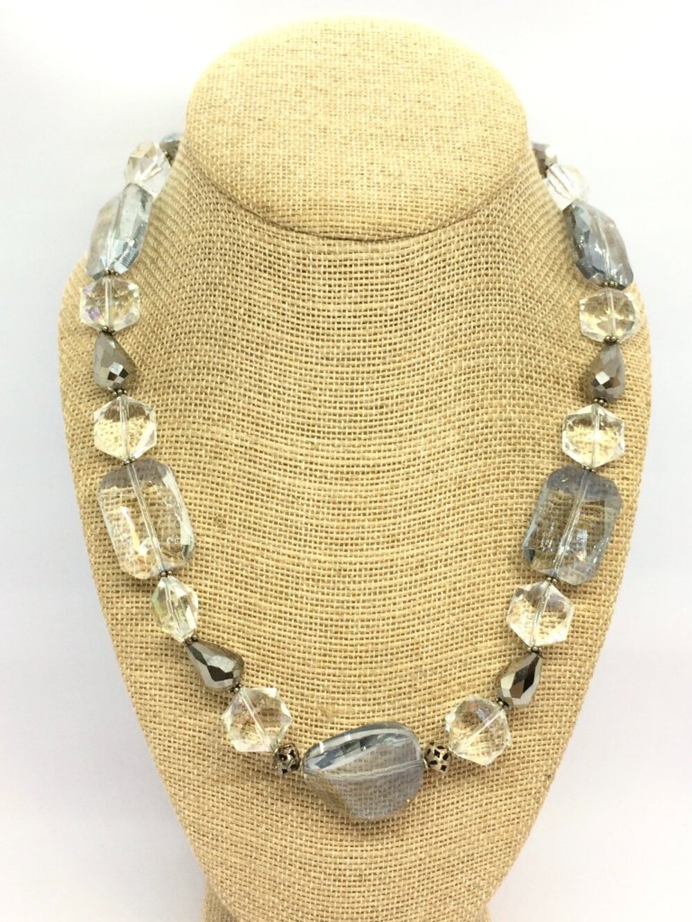 DONNA DRESSLER 925 Sterling Crystal Necklace Blue Clear Chunky Beaded Statement